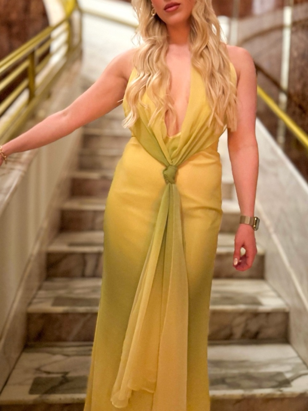 Zara Yellow/Green Plunge Maxi Dress with Front Knot
